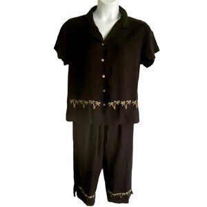 Tiki Classics Women's Embroidered Palm Tree 2 Piece Silk Set Size 12